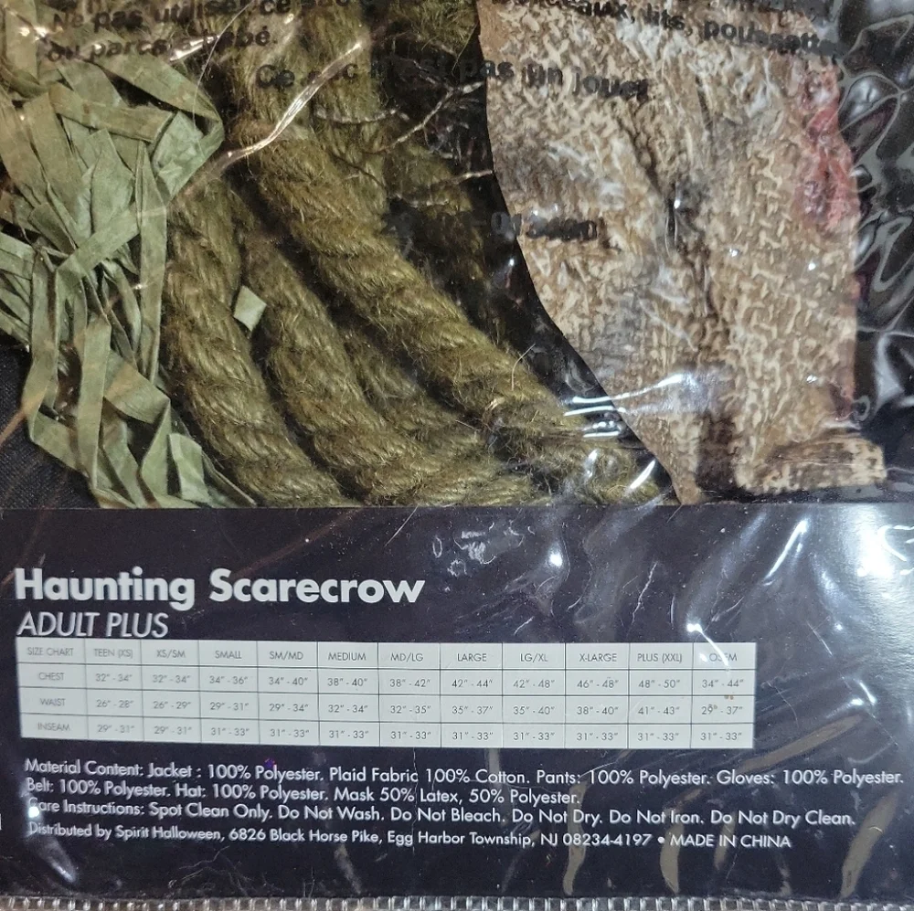 NWT Spirit Halloween Adult 2X Haunting Scarecrow Costume Mask Hat Pants Gloves